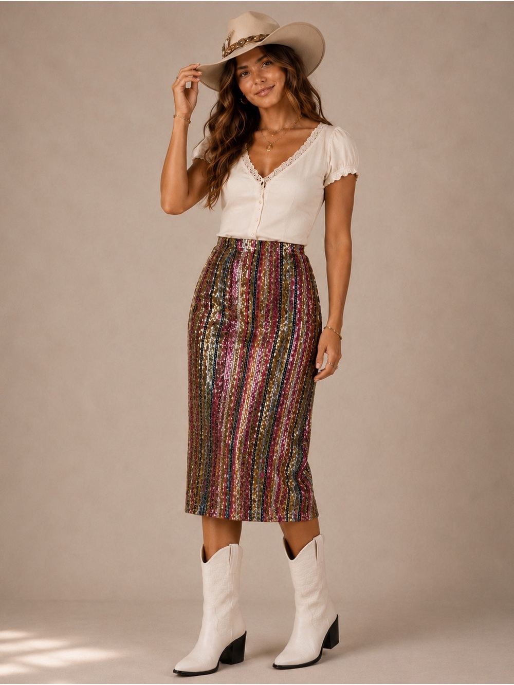 NWT Leith Nordstrom Rack Sequin Stripe Midi Skirt - Large Multicolour Western